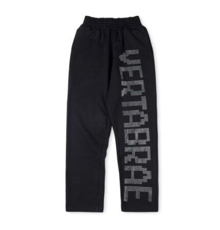 Vertabrae black sweatpants with black diamond shine detailing, premium streetwear style, front view