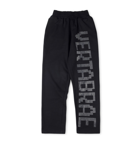Vertabrae black sweatpants with black diamond shine detailing, premium streetwear style, front view