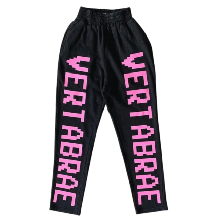 Vertabrae black sweatpants featuring double-sided logo design, modern streetwear look, front and side view