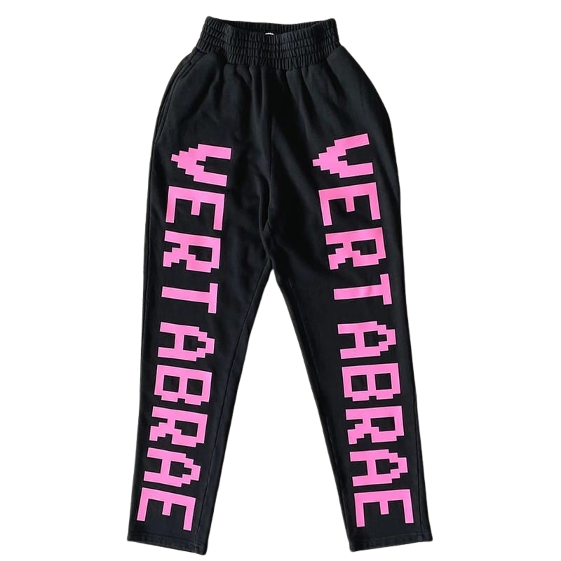 Vertabrae black sweatpants featuring double-sided logo design, modern streetwear look, front and side view